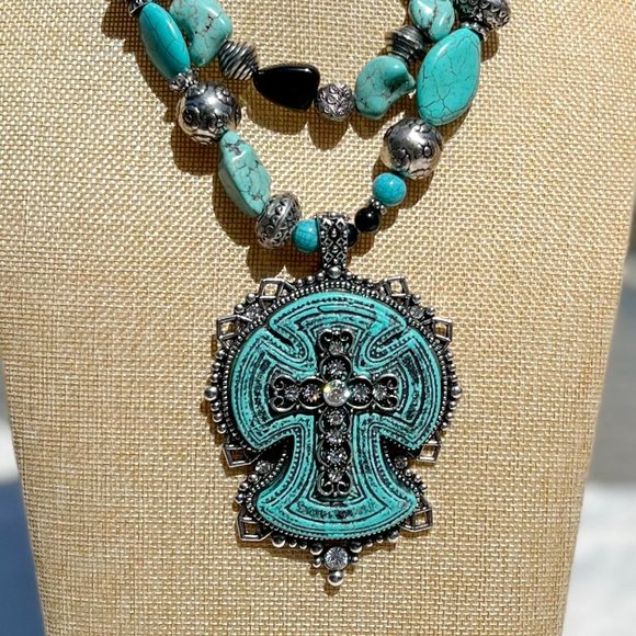 Cross Necklace Multi Strand Statement Set Huge Turquoise Howlite Handmade - Picture 2 of 8